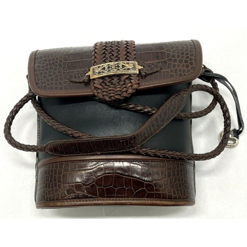 Women's Brighton Vintage Brown Black Leather Handbag Bucket Bag Purse Moc Croc